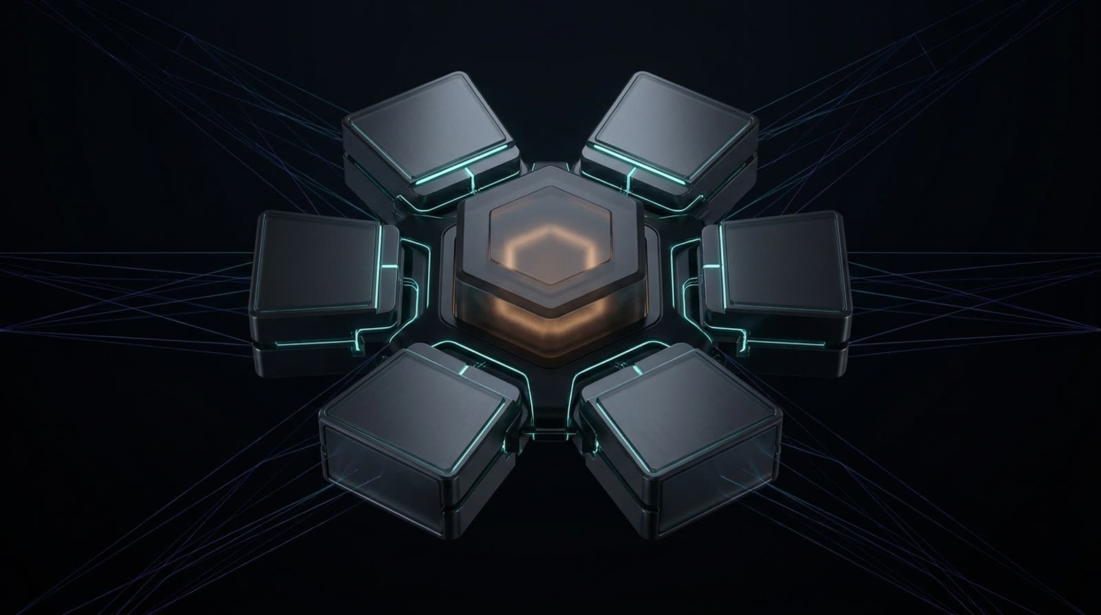Six modular cornerstones docking onto a single glowing core